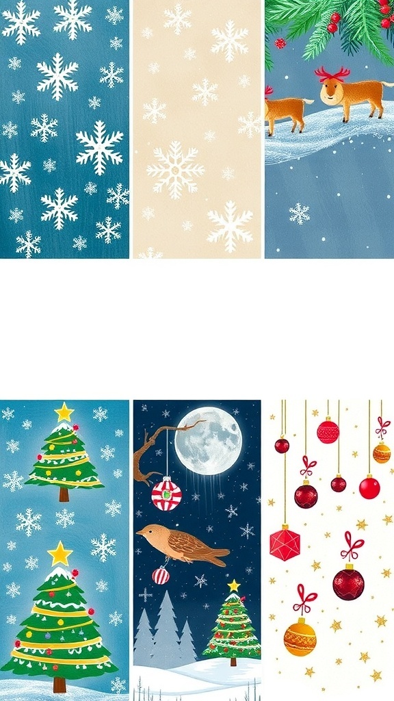 Christmas-Themed Drawing Wallpapers A variety of Christmas-themed wallpapers with festive illustrations of snowflakes, trees, and ornaments.